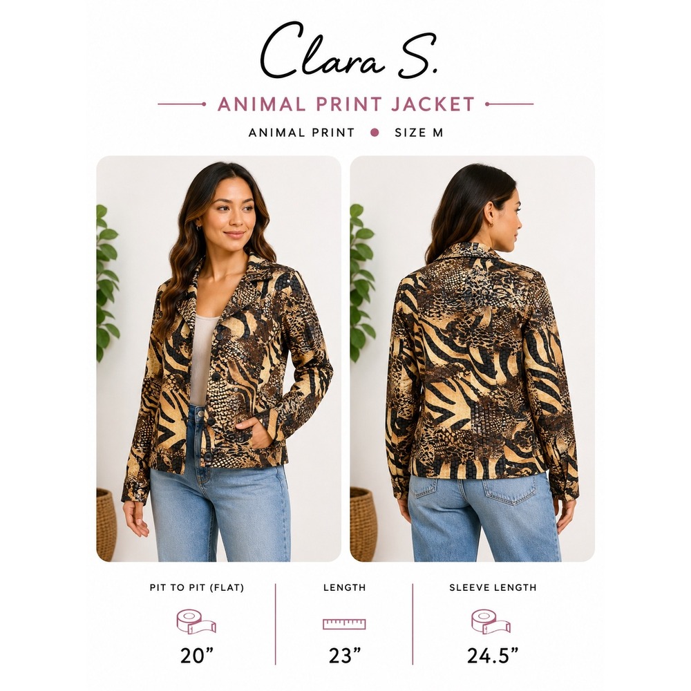 Clara S Animal Print Sequin Blazer Jacket‎ Size M Tan Brown Zebra Snake Glam